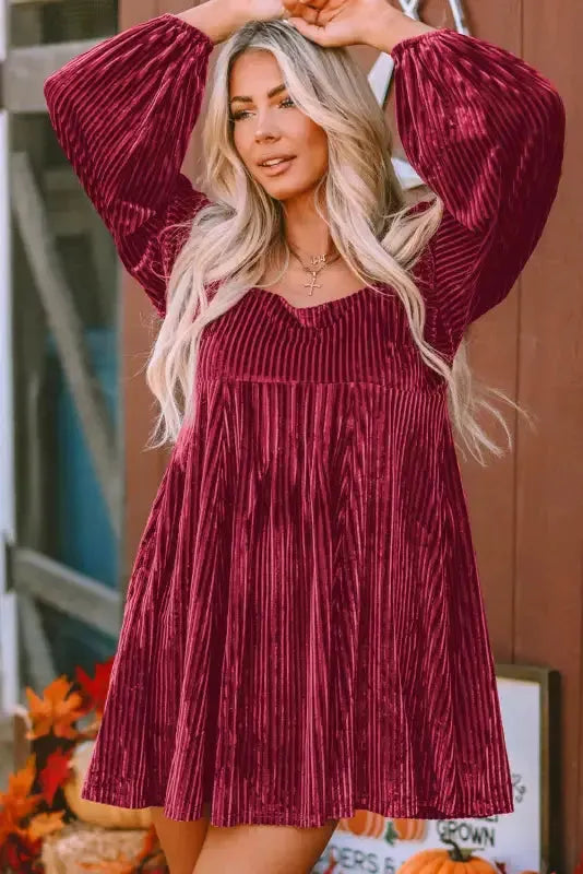Green Tie Back Square Neck Velvet Babydoll Dress - Fashionfitz