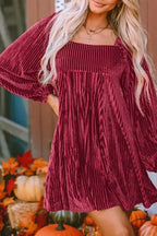 Green Tie Back Square Neck Velvet Babydoll Dress - Fashionfitz