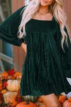 Green Tie Back Square Neck Velvet Babydoll Dress - Fashionfitz