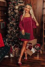 Green Tie Back Square Neck Velvet Babydoll Dress - Fashionfitz