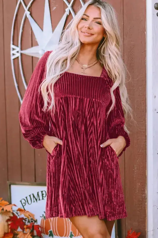 Green Tie Back Square Neck Velvet Babydoll Dress - Fashionfitz