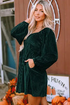 Green Tie Back Square Neck Velvet Babydoll Dress - Fashionfitz
