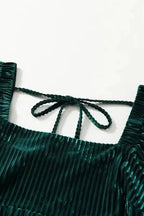 Green Tie Back Square Neck Velvet Babydoll Dress - Fashionfitz
