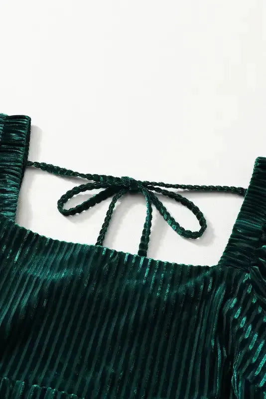 Green Tie Back Square Neck Velvet Babydoll Dress - Fashionfitz