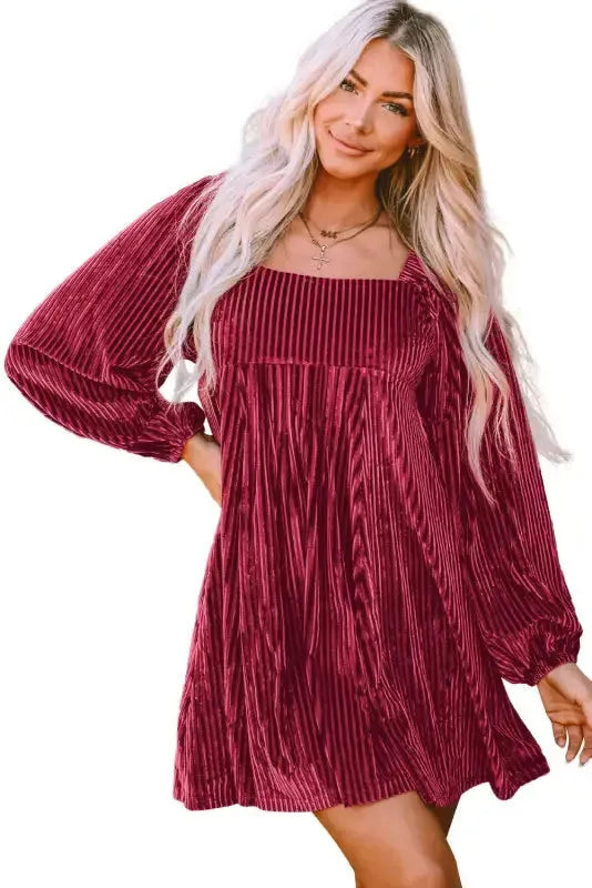Green Tie Back Square Neck Velvet Babydoll Dress - Fashionfitz