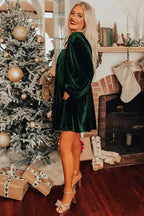 Green Tie Back Square Neck Velvet Babydoll Dress - Fashionfitz