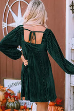 Green Tie Back Square Neck Velvet Babydoll Dress - Fashionfitz
