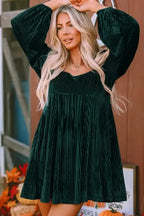Green Tie Back Square Neck Velvet Babydoll Dress - Fashionfitz