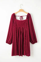 Green Tie Back Square Neck Velvet Babydoll Dress - Fashionfitz