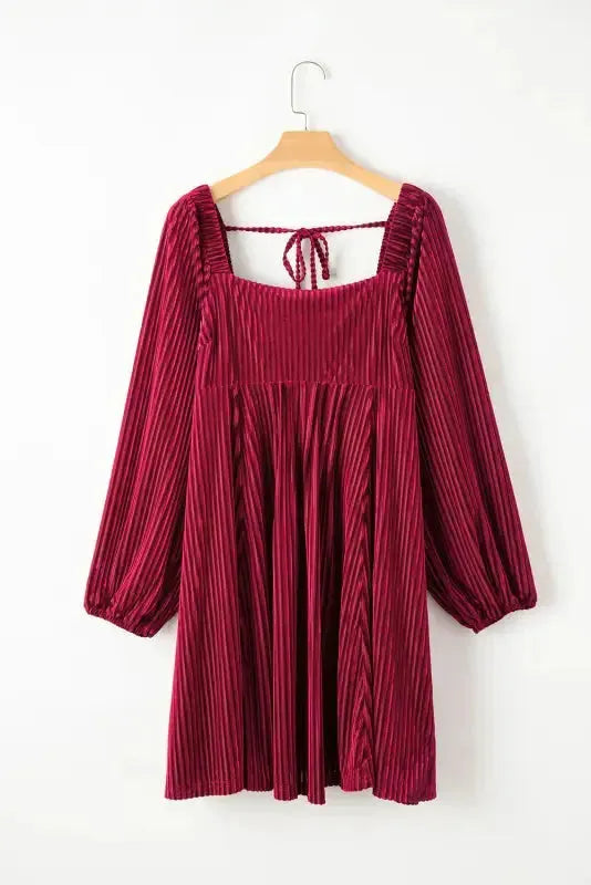 Green Tie Back Square Neck Velvet Babydoll Dress - Fashionfitz