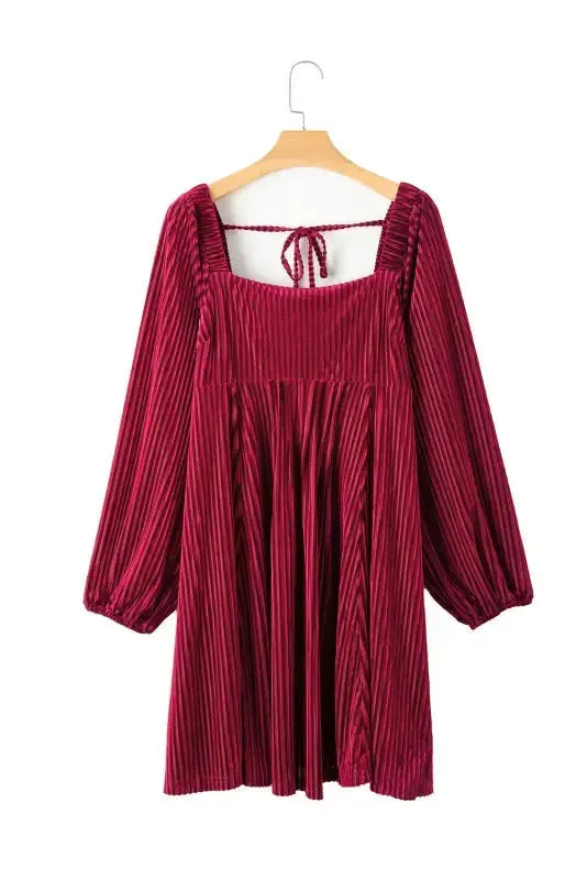 Green Tie Back Square Neck Velvet Babydoll Dress - Fashionfitz