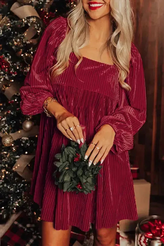 Green Tie Back Square Neck Velvet Babydoll Dress - Fashionfitz