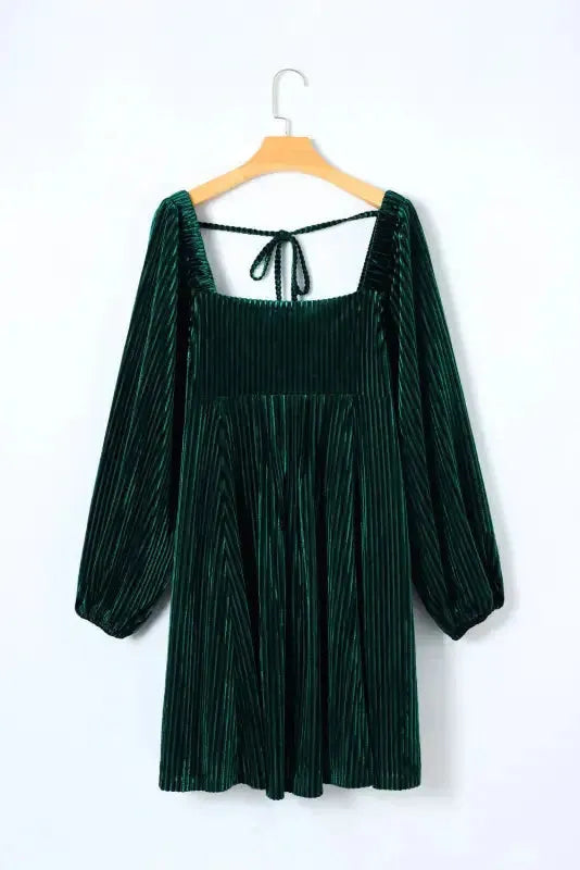 Green Tie Back Square Neck Velvet Babydoll Dress - Fashionfitz