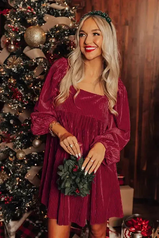 Green Tie Back Square Neck Velvet Babydoll Dress - Fashionfitz