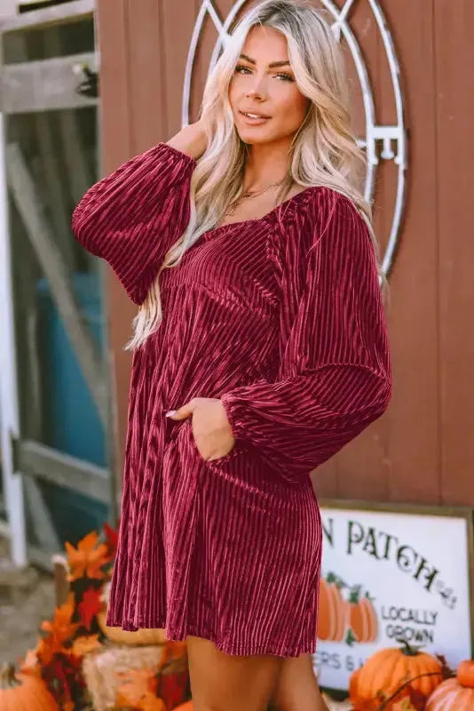 Green Tie Back Square Neck Velvet Babydoll Dress - Fashionfitz