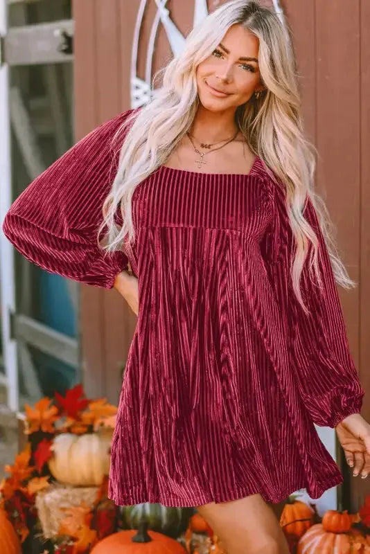 Green Tie Back Square Neck Velvet Babydoll Dress - Fashionfitz