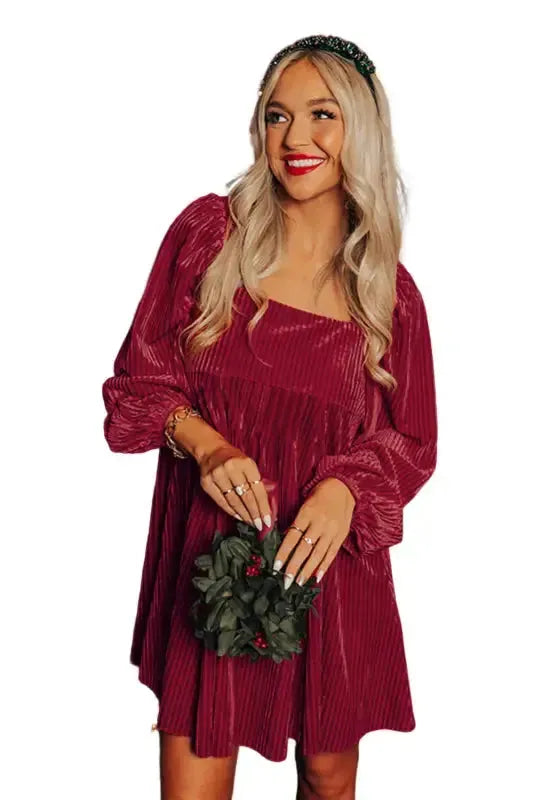 Green Tie Back Square Neck Velvet Babydoll Dress - Fashionfitz