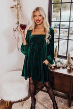 Green Tie Back Square Neck Velvet Babydoll Dress - Fashionfitz