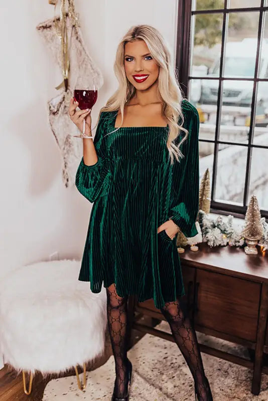 Dresses green tie back square neck velvet babydoll dress