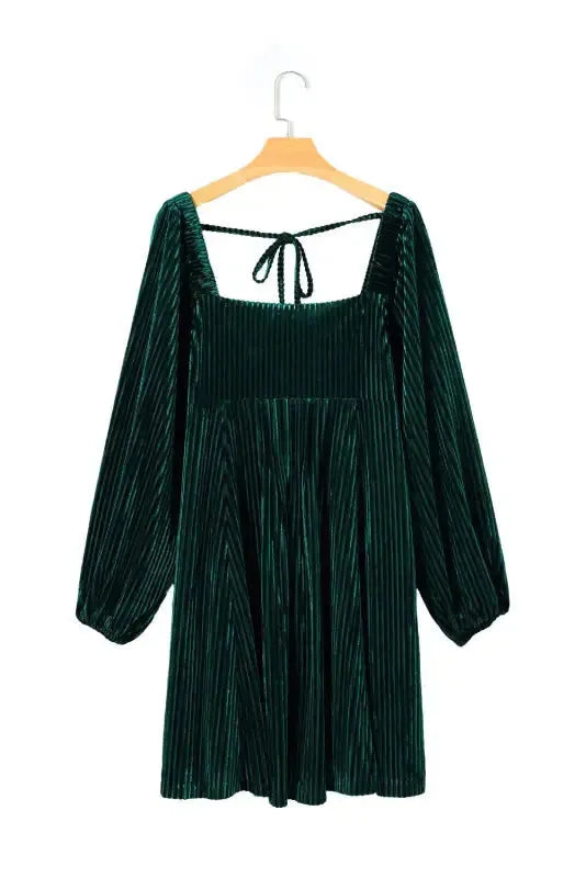Green Tie Back Square Neck Velvet Babydoll Dress - Fashionfitz