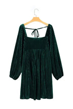 Green Tie Back Square Neck Velvet Babydoll Dress - Fashionfitz