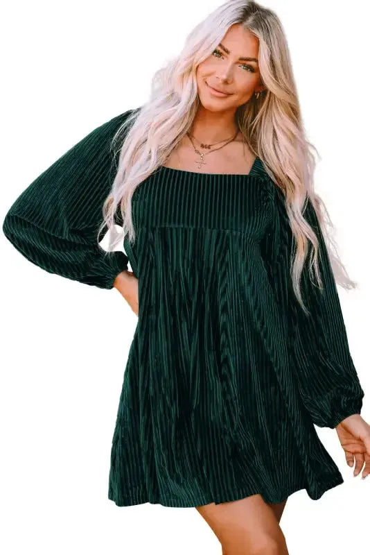 Green Tie Back Square Neck Velvet Babydoll Dress - Fashionfitz