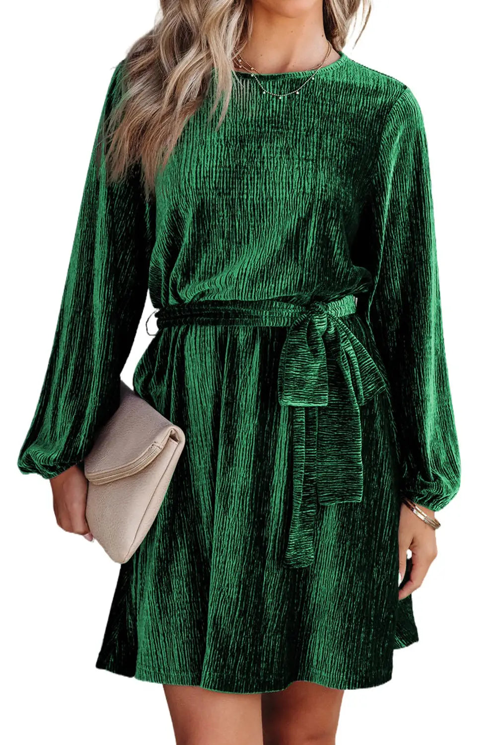 Green tie waist crinkle velvet dress - mini dresses