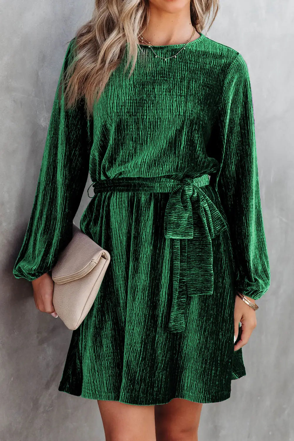 Green tie waist crinkle velvet dress - s / 95% polyester + 5% elastane - mini dresses