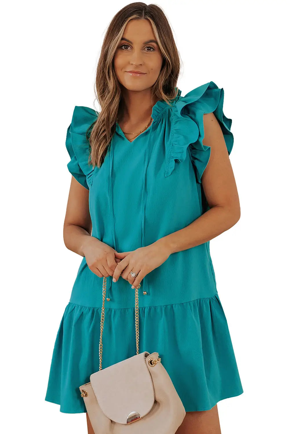 Green tiered ruffled sleeves mini dress with pockets - dresses