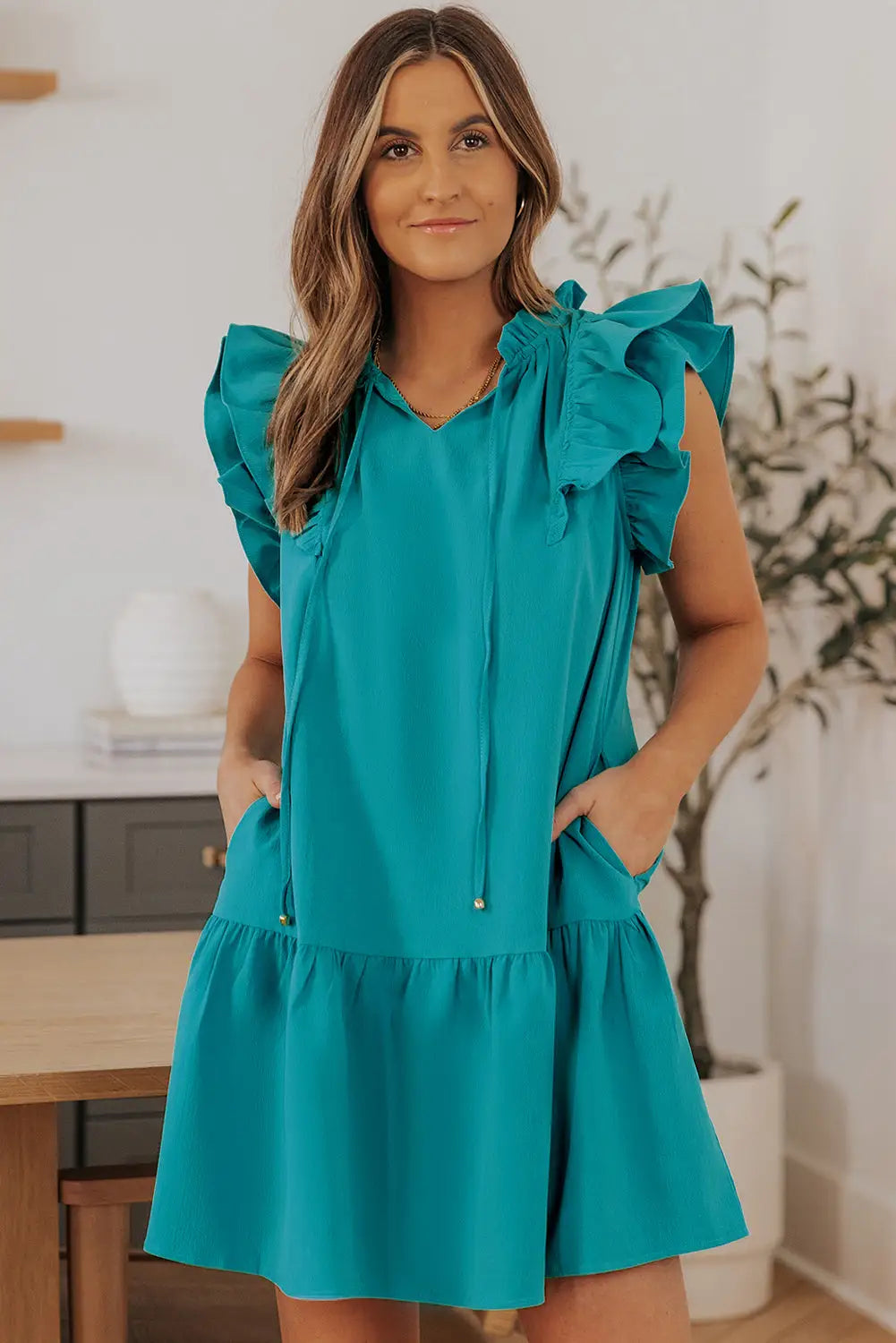 Green tiered ruffled sleeves mini dress with pockets - s / 100% polyester - dresses