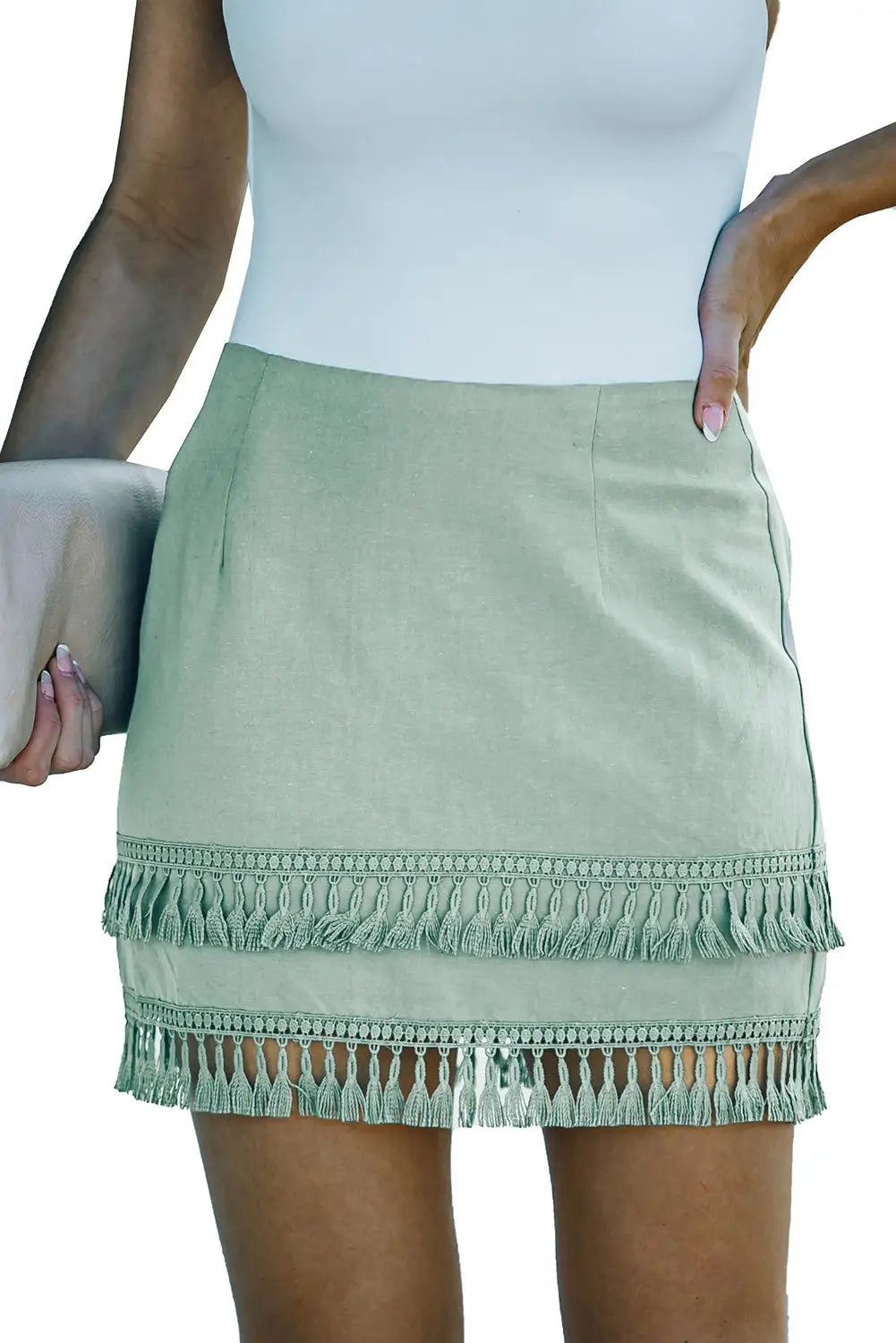 Green tiered tassel zip-up high waist mini skirt - skirts