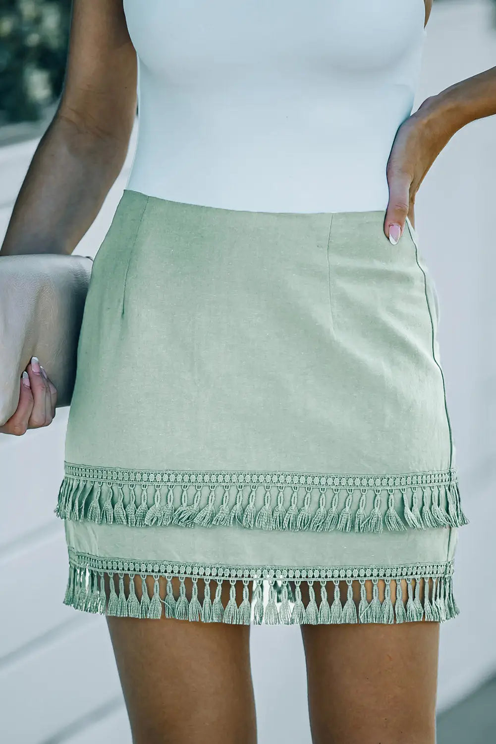Green tiered tassel zip-up high waist mini skirt - s / 100% polyester - skirts