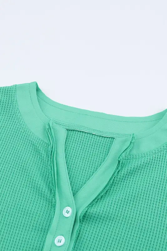 Green trimmed neckline waffle knit henley top - long sleeve tops