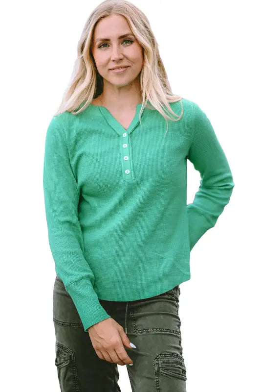 Green trimmed neckline waffle knit henley top - long sleeve tops