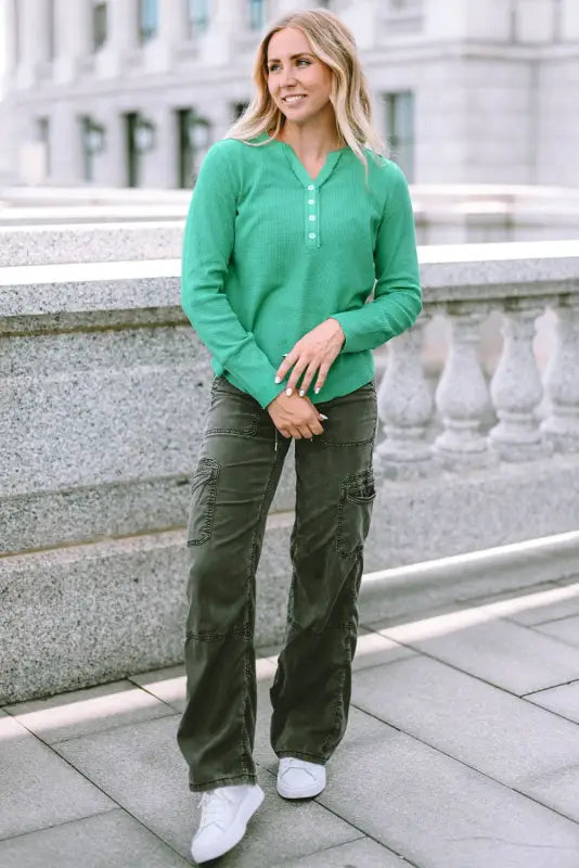 Green trimmed neckline waffle knit henley top - long sleeve tops