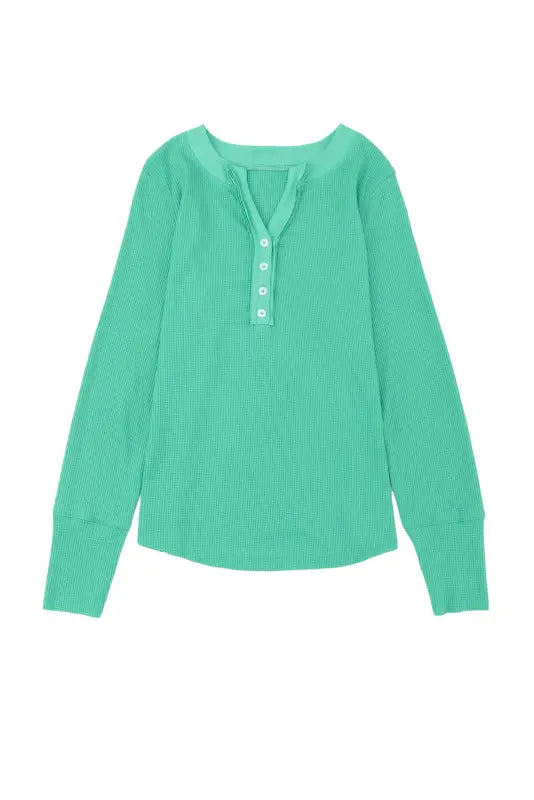 Green trimmed neckline waffle knit henley top - long sleeve tops