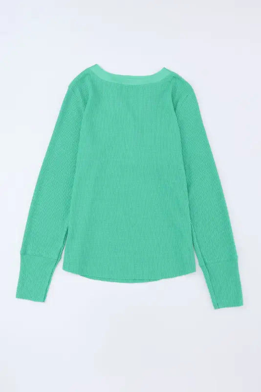 Green trimmed neckline waffle knit henley top - long sleeve tops