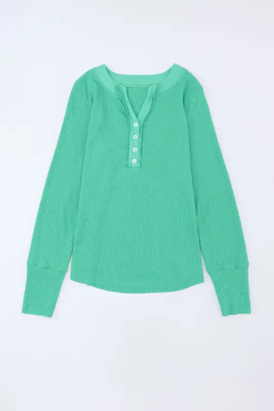 Green trimmed neckline waffle knit henley top - long sleeve tops