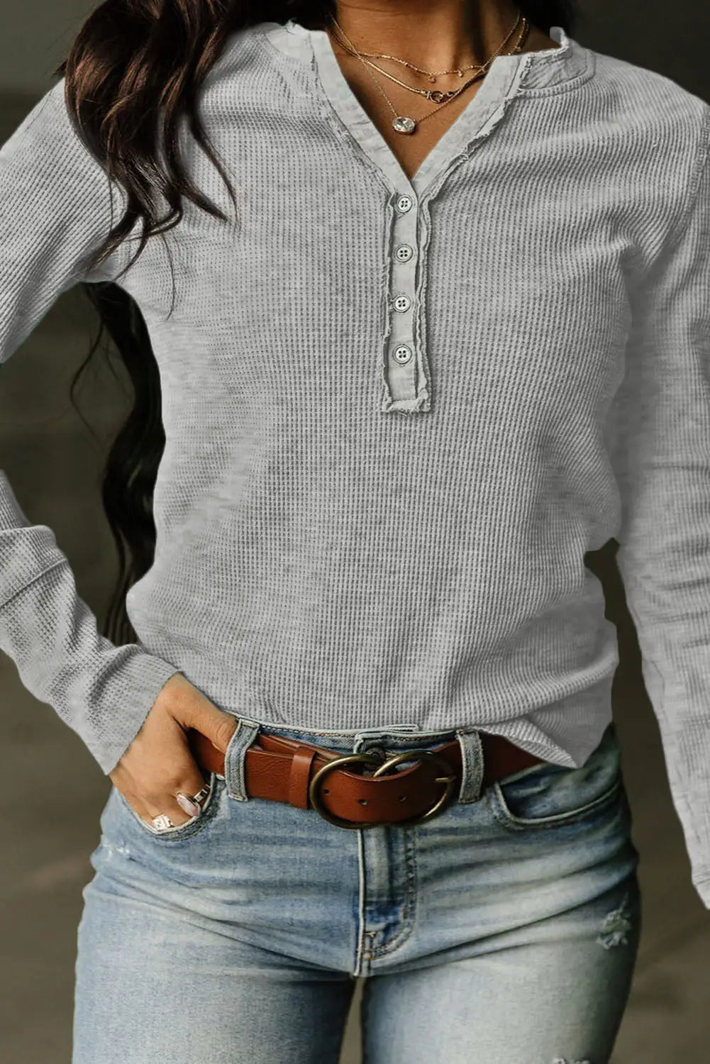 Green trimmed neckline waffle knit henley top - gray / s / 65% polyester + 35% cotton - long sleeve tops