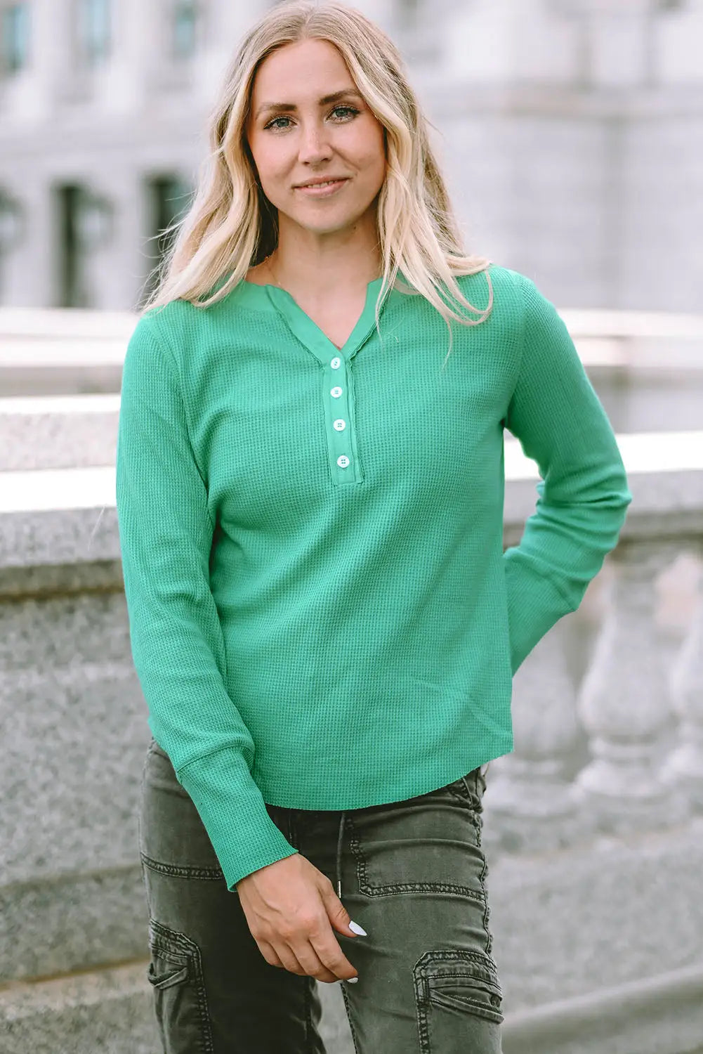 Green trimmed neckline waffle knit henley top - s / 65% polyester + 35% cotton - long sleeve tops