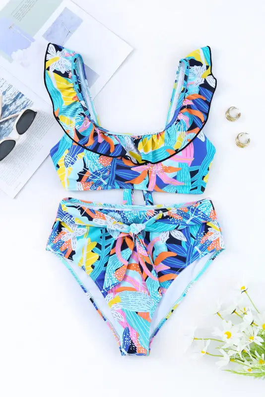 Green tropical print ruffled square neck tie high waist swimsuit - swimsuits