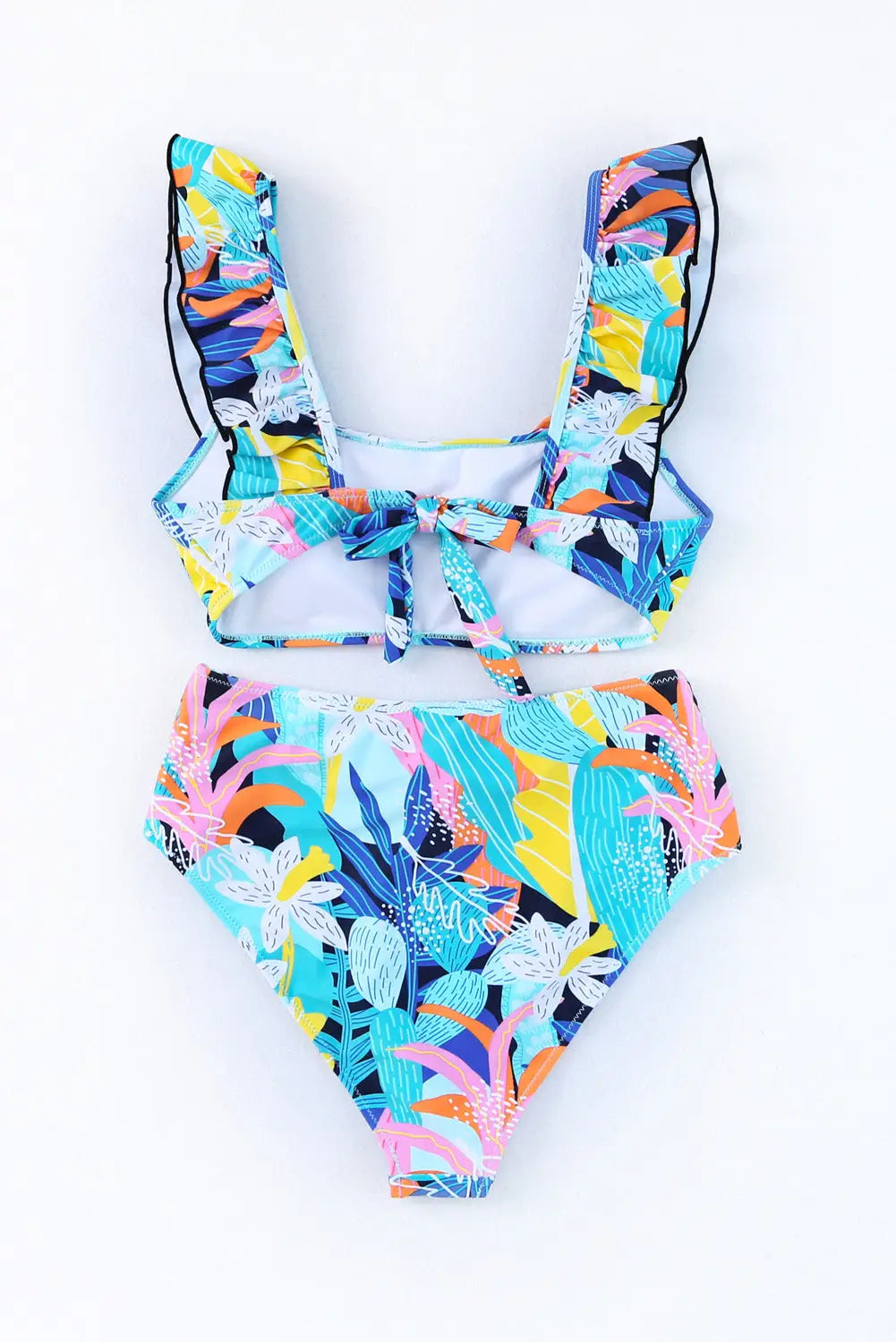 Green tropical print ruffled square neck tie high waist swimsuit - swimsuits
