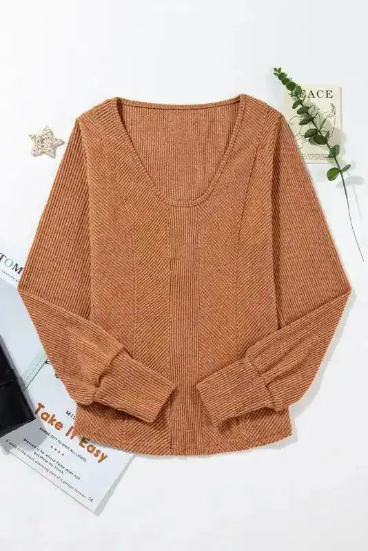 Green U Neck Textured Long Sleeve Top - Fashionfitz