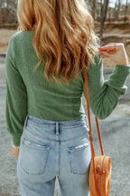 Green U Neck Textured Long Sleeve Top - Fashionfitz