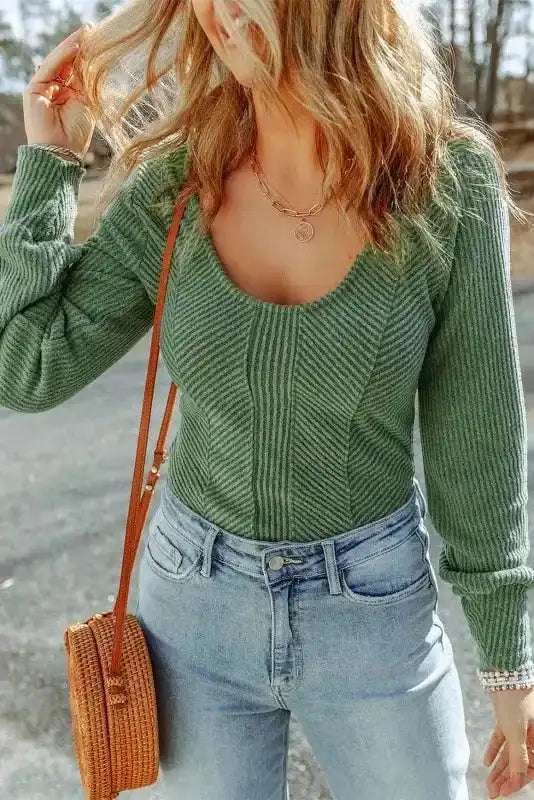 Green U Neck Textured Long Sleeve Top - Fashionfitz