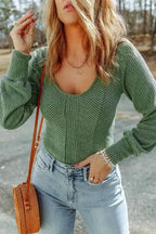 Green U Neck Textured Long Sleeve Top - Fashionfitz