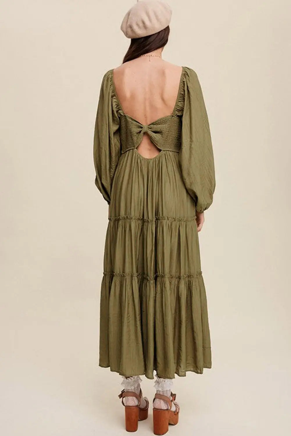 Green v neck bowknot cutout frill tiered maxi dress - dresses