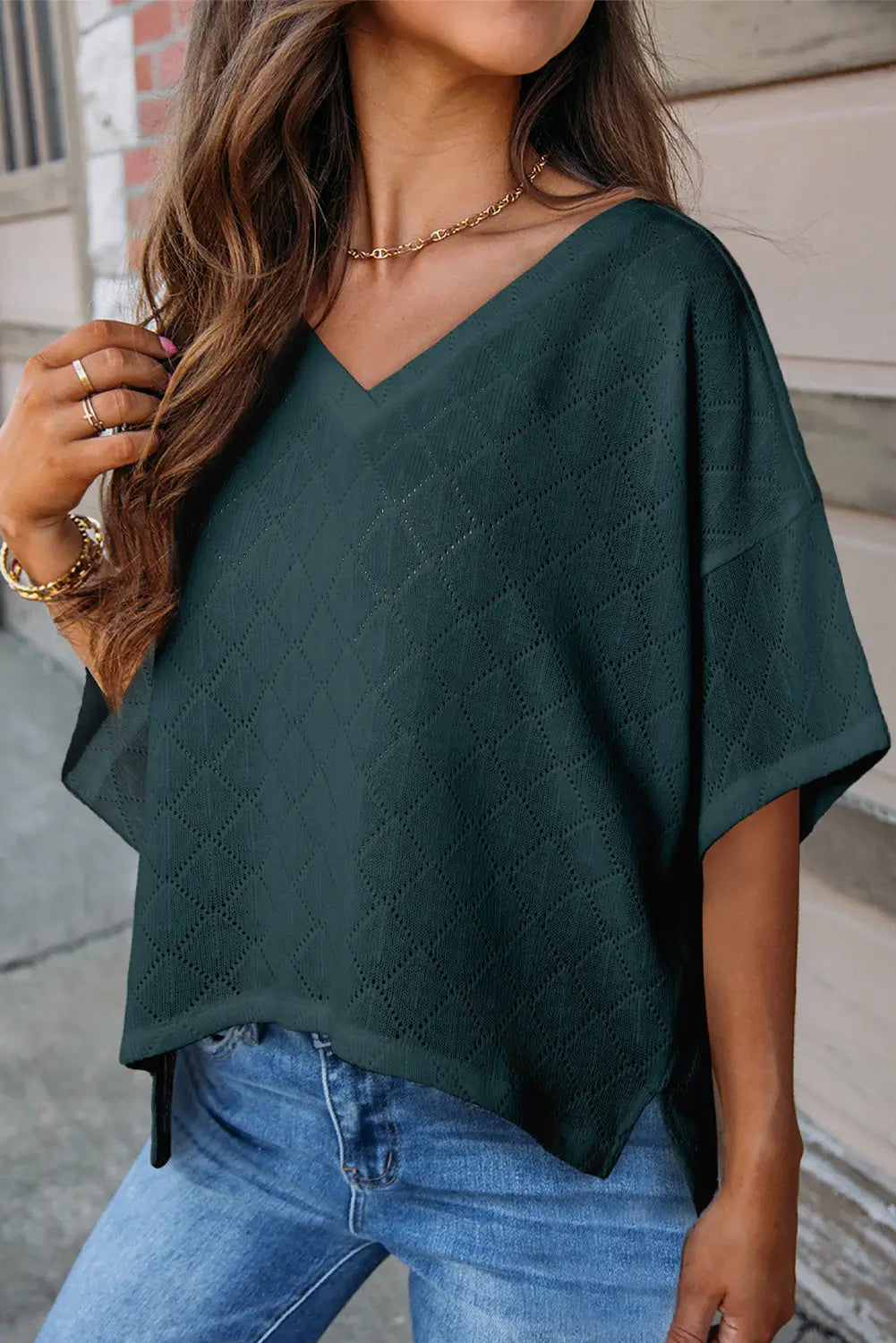 Green v neck knitted flowy blouse - blackish / l / 100% polyester - blouses & shirts