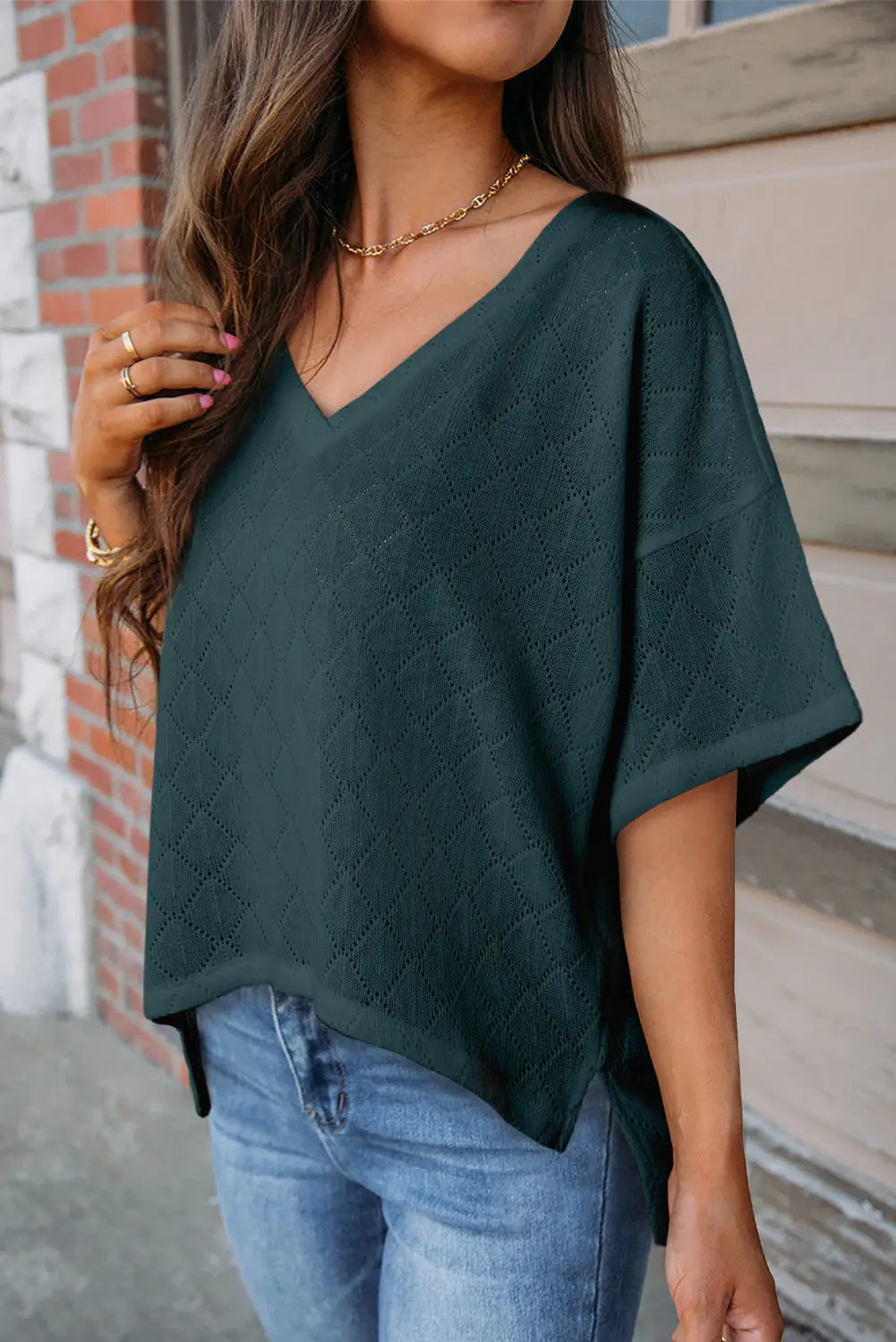 Green v neck knitted flowy blouse - blouses & shirts