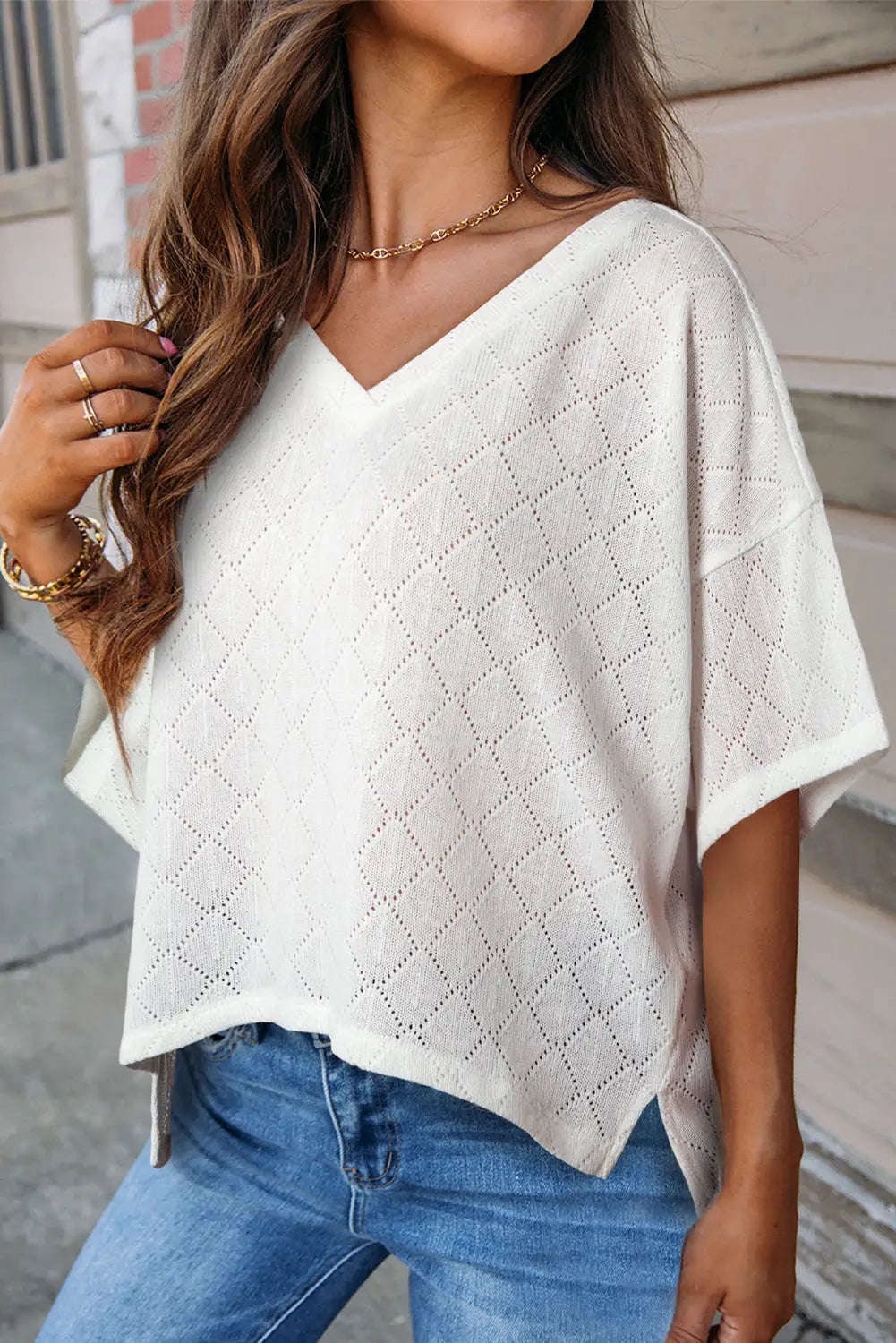 Green v neck knitted flowy blouse - white / l / 100% polyester - blouses & shirts